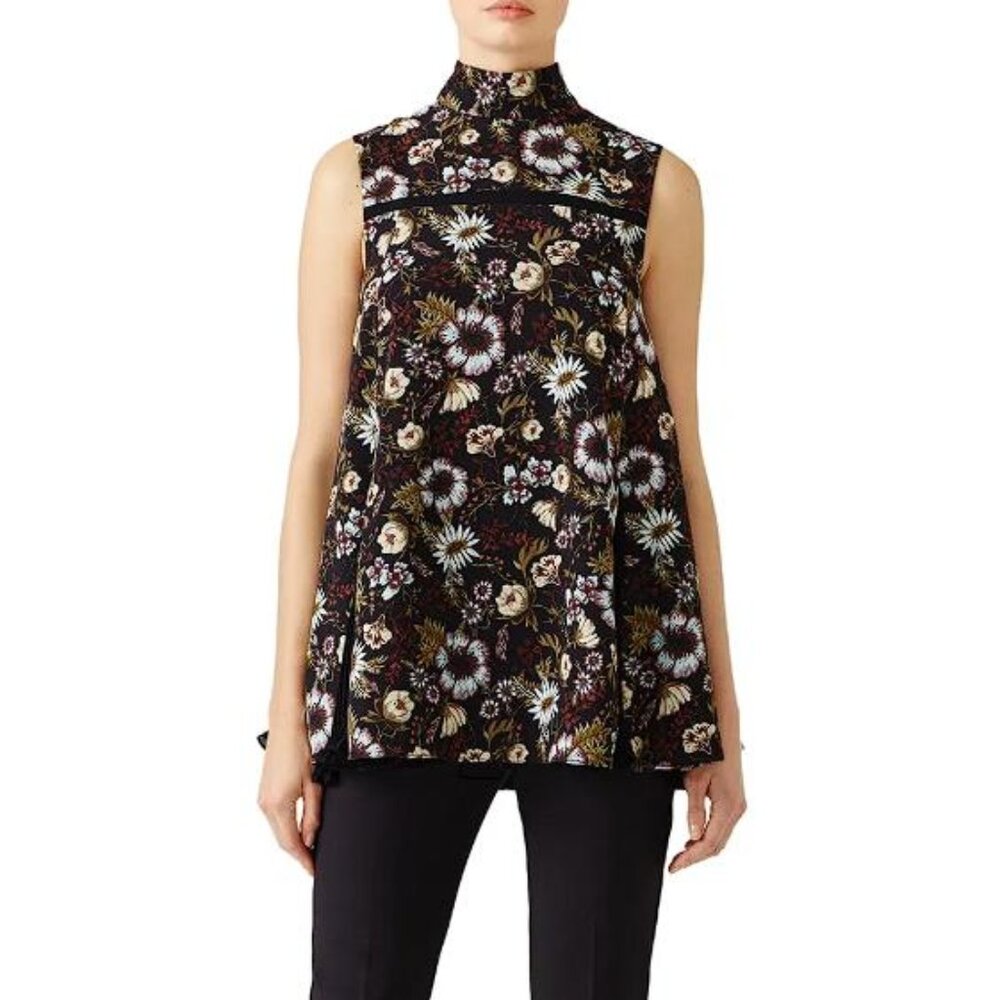 ADEAM Women's Floral Godet Pleated Top Size M In Black Multi